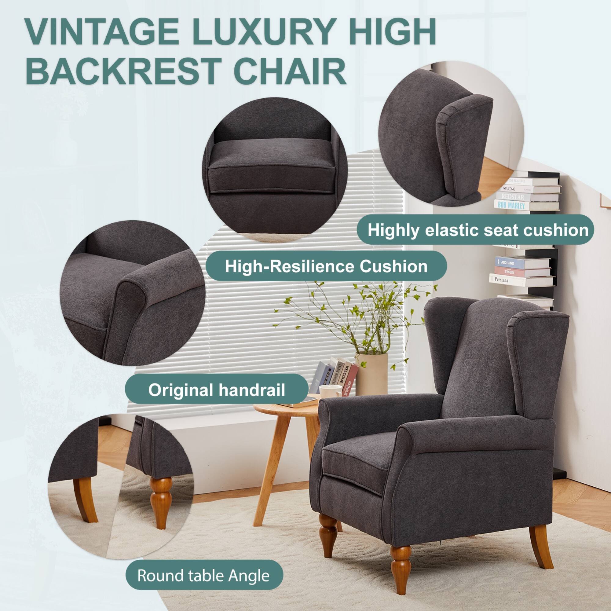 VINTAGE LUXURY HIGH BACKREST CHAIR

- Highly elastic seat cushion
- High-Resilience Cushion
- Original handrail
- Round table Angle