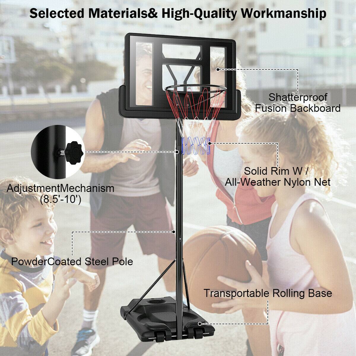 Selected Materials & High-Quality Workmanship

- Shatterproof Fusion Backboard
- Adjustment Mechanism (8.5'-10')
- Solid Rim w/ All-Weather Nylon Net
- Powder Coated Steel Pole
- Transportable Rolling Base