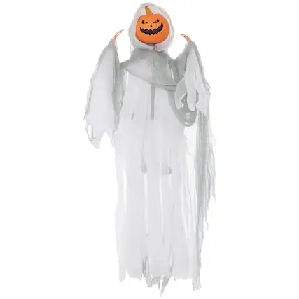 Front. Homcom - 3.9' Outdoor Hanging Halloween Decoration, Pumpkin Ghost, Sound Activated Prop with Light Up Eyes & Creepy Howling Sound - Green.