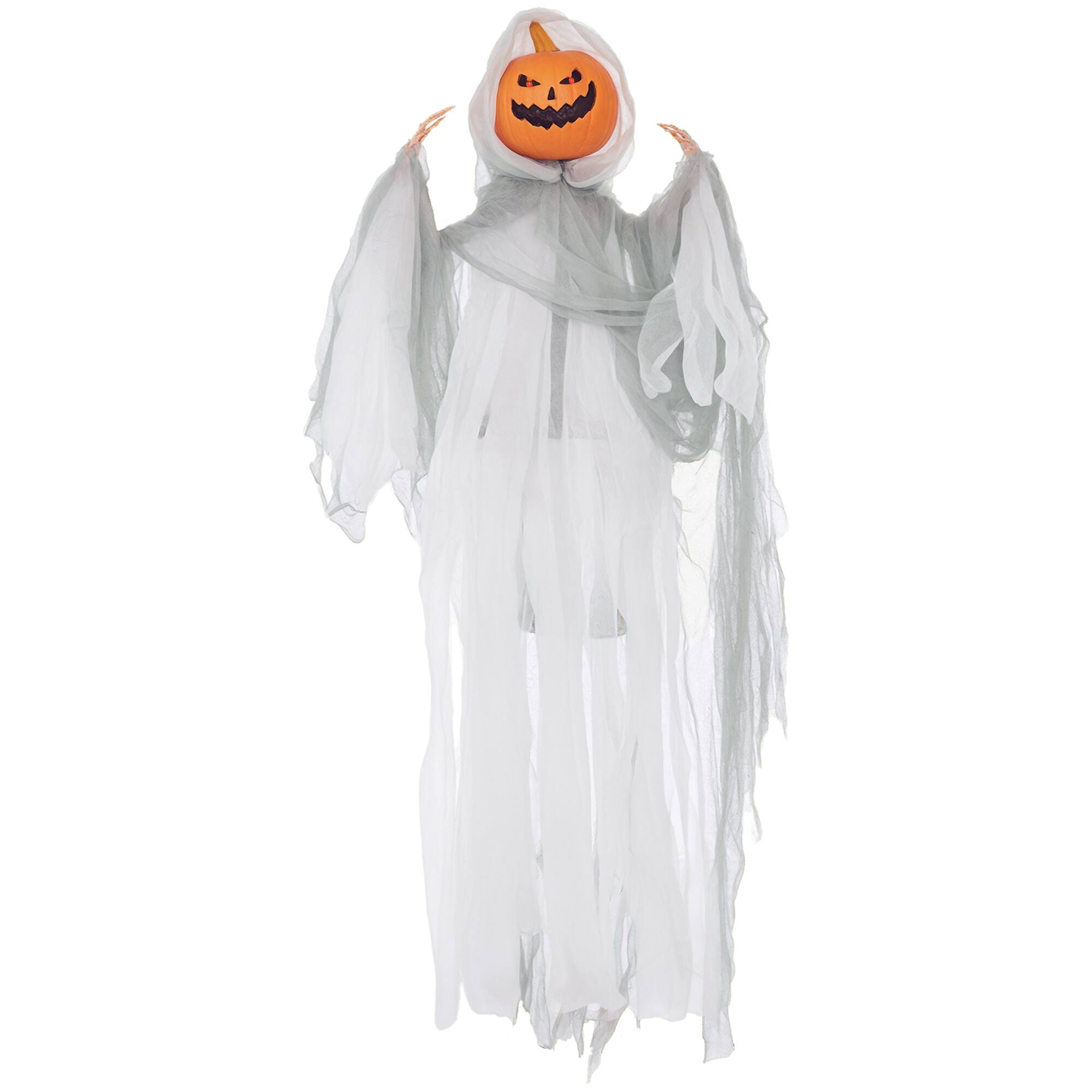 Front. Homcom - 3.9' Outdoor Hanging Halloween Decoration, Pumpkin Ghost, Sound Activated Prop with Light Up Eyes & Creepy Howling Sound - Green.