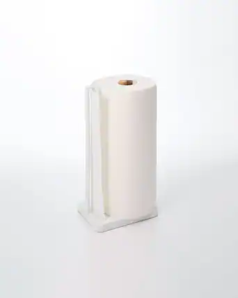Front. Yamazaki Home - Paper Towel Holder - Steel + Wood - White.