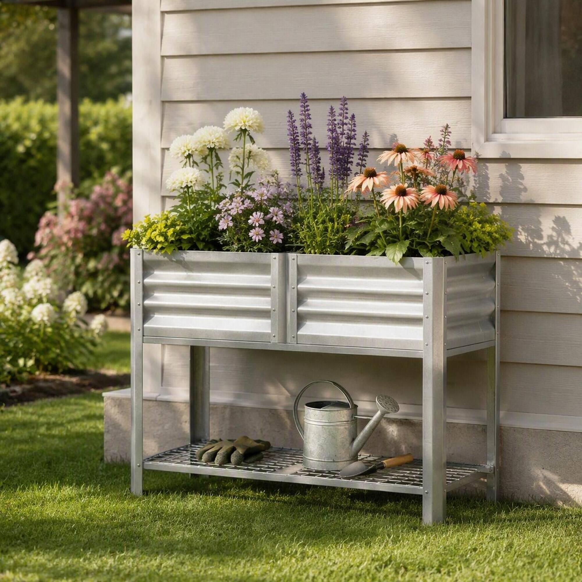 Angle. RYHNUYNE - Raised Garden Bed Planter Box with Legs, 39.6 Gallon Outdoor Elevated Steel Planter for Patio, Yard, or Balcony - Silver.