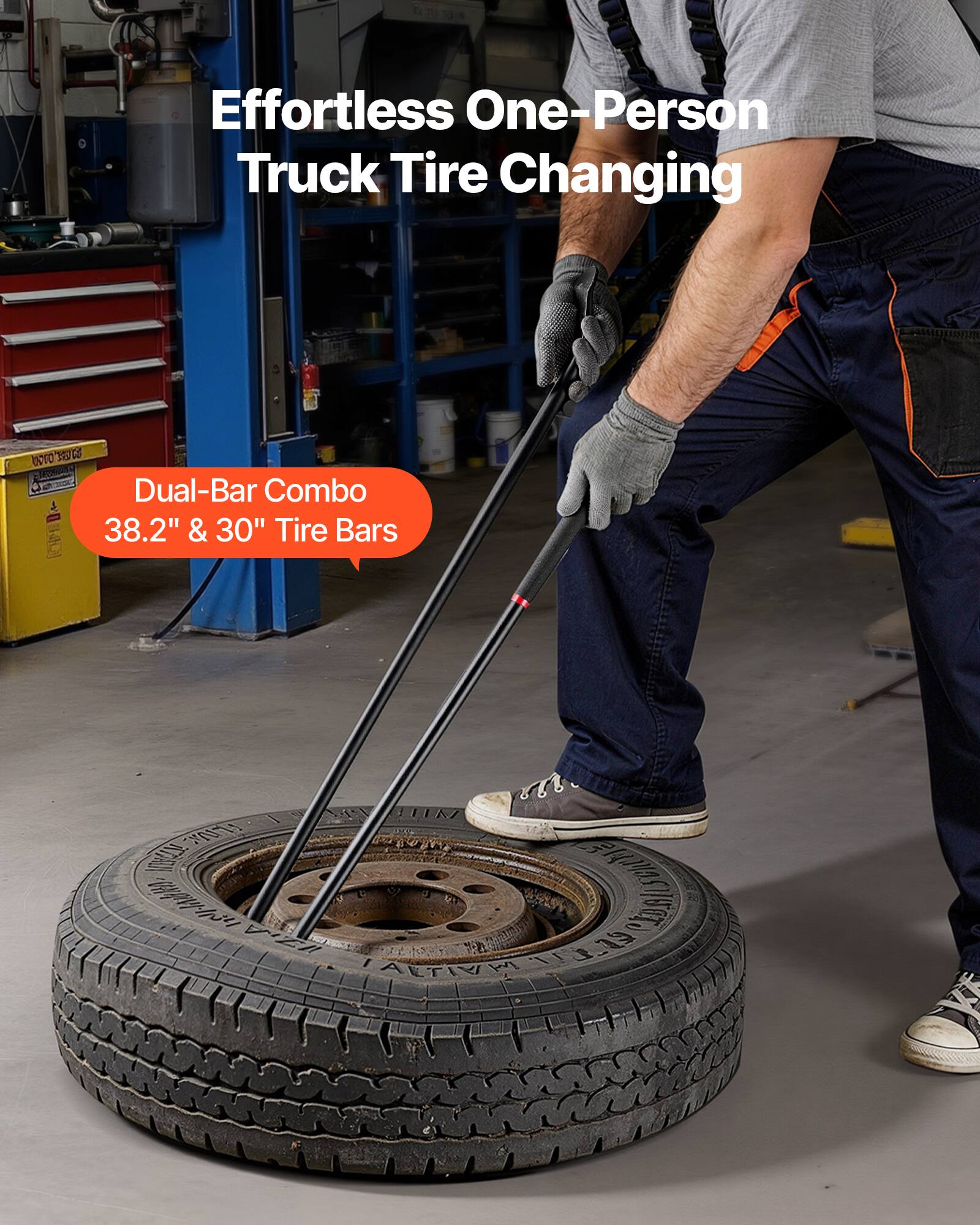 Effortless One-Person Truck Tire Changing

Dual-Bar Combo
38.2" & 30" Tire Bars