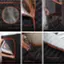 The image shows a series of four pictures with a black and orange tent. The first picture shows a person holding a transparent window, the second picture shows a person holding a folding chair, the third picture shows a person holding a thick cotton cover, and the fourth picture shows a person holding a convenient pocket.