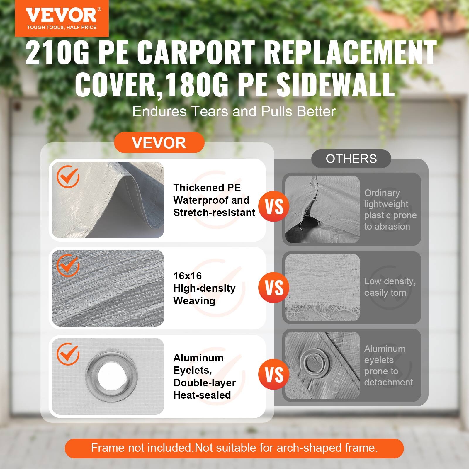VEVOR TOUGH TOOLS, HALF PRICE
210G PE CARPORT REPLACEMENT COVER, 180G PE SIDEWALL
Endures Tears and Pulls Better

VEVOR
Thickened PE Waterproof and Stretch-resistant
VS
Ordinary lightweight plastic prone to abrasion

16x16 High-density Weaving
VS
Low density, easily torn

Aluminum Eyelets, Double-layer Heat-sealed
VS
Aluminum eyelets prone to detachment

Frame not included. Not suitable for arch-shaped frame.