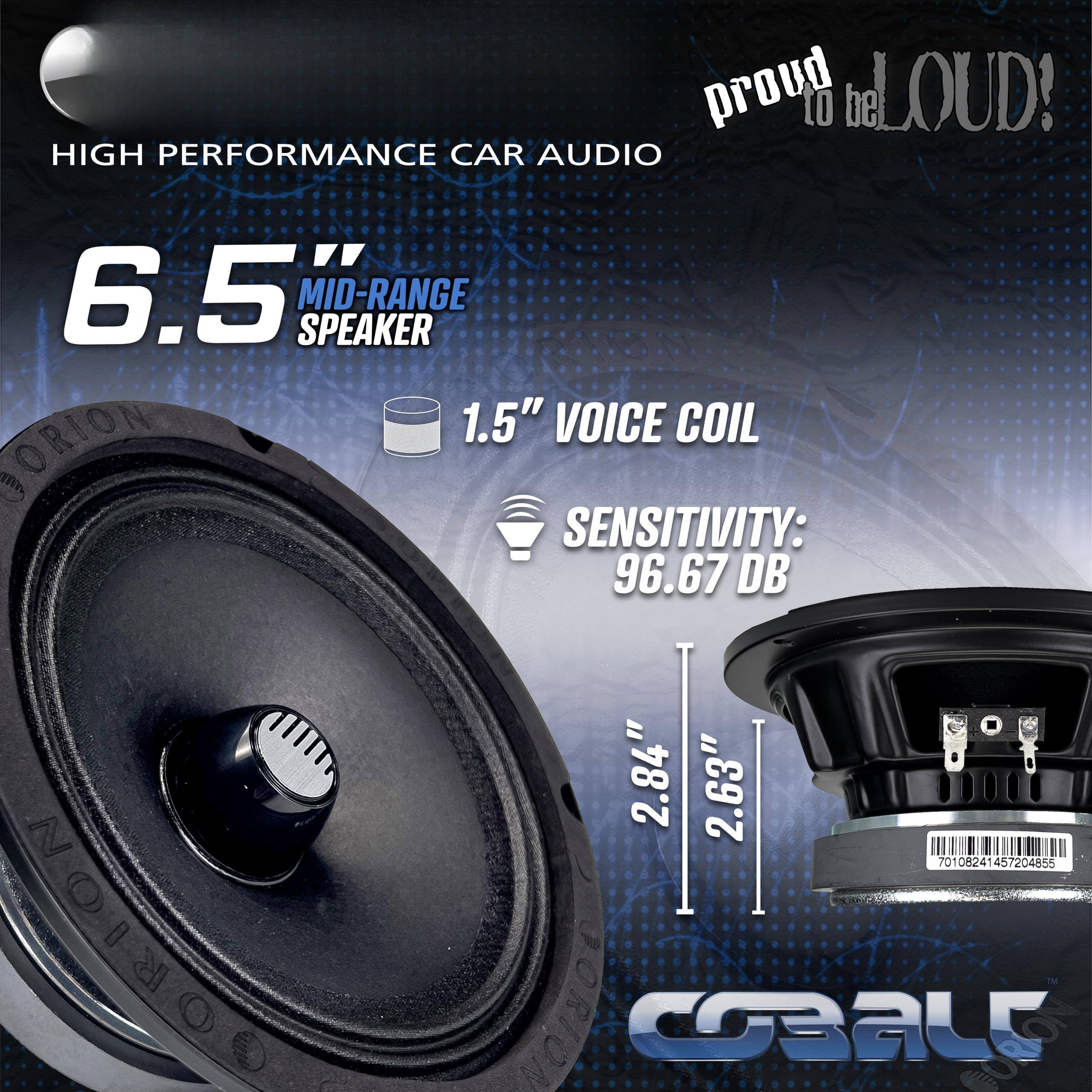 Sure, here is the corrected and grouped text from the image:

---

**HIGH PERFORMANCE CAR AUDIO**

**6.5" MID-RANGE SPEAKER**

- **1.5" VOICE COIL**
- **SENSITIVITY: 96.67 DB**

**Dimensions:**
- **2.84"**
- **2.63"**

**Proud to be LOUD!**

**ORION**

**CSAUL**

---

This text includes all the key specifications and branding information from the image.