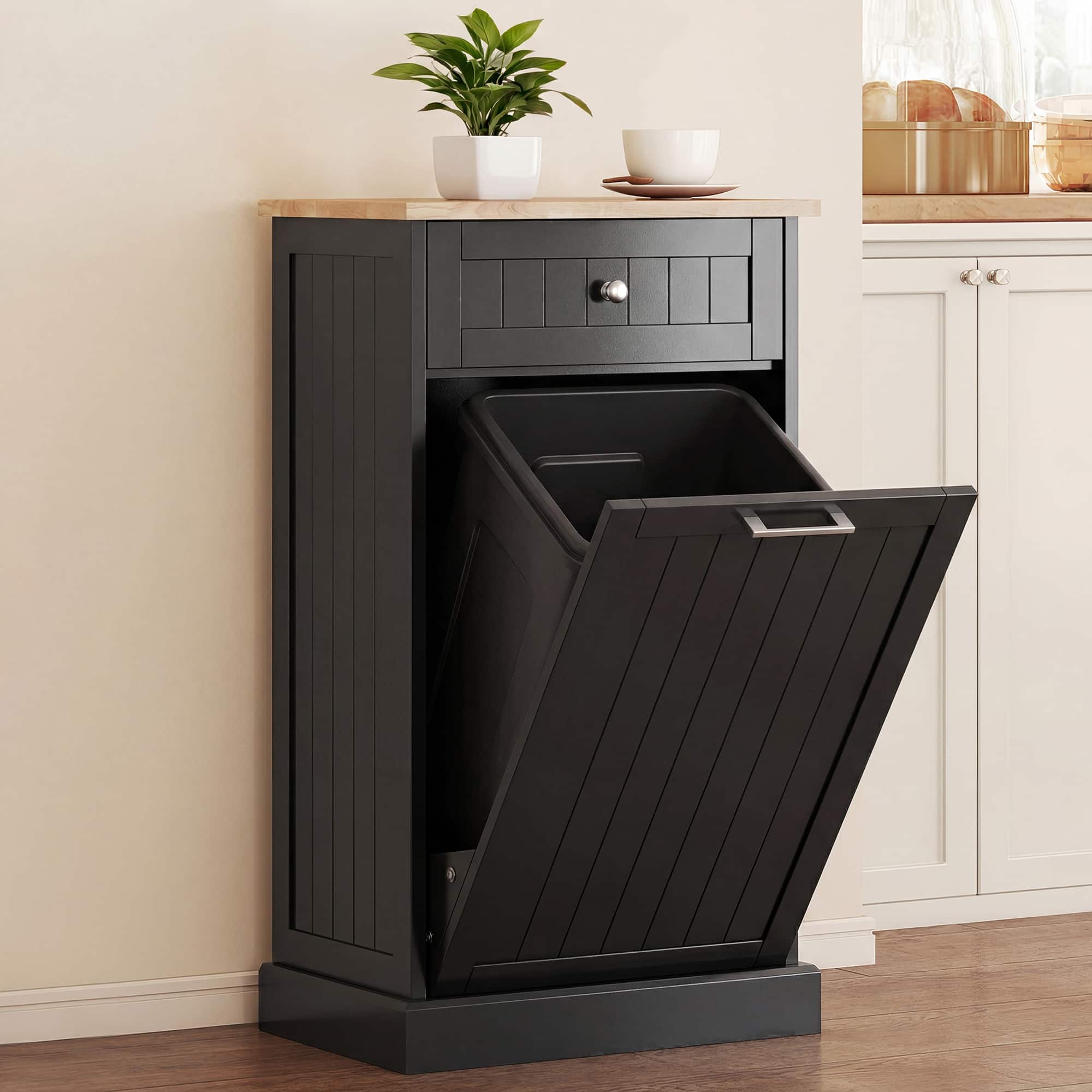 Front. Homcom - Kitchen Tilt Out Trash Bin Cabinet - Black.