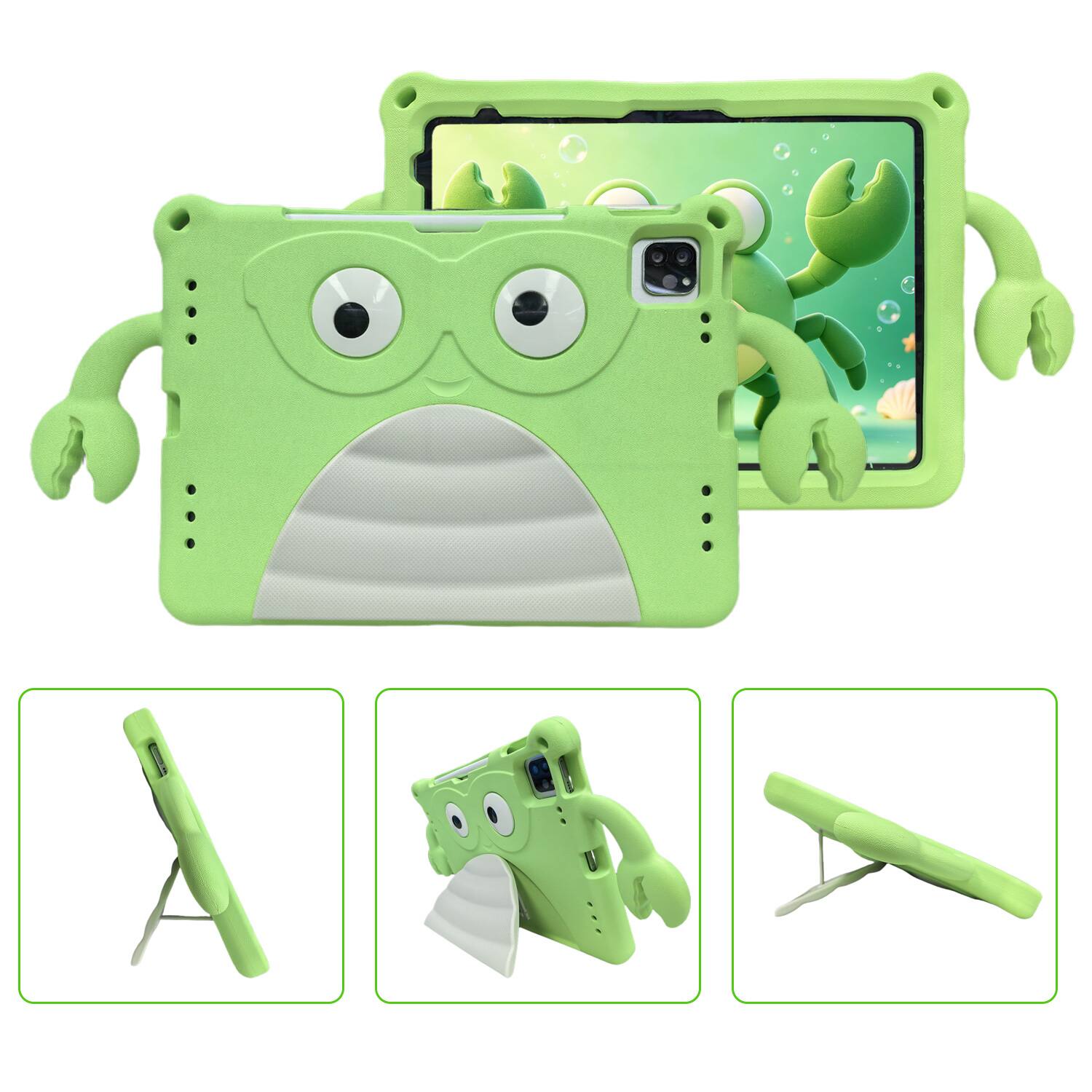 Angle. Dteck - Shockproof Cartoon Case for Apple iPad (10th Generation) 10.9" 2022, Soft TPU Protective Cover with Integrated Stand - Green.
