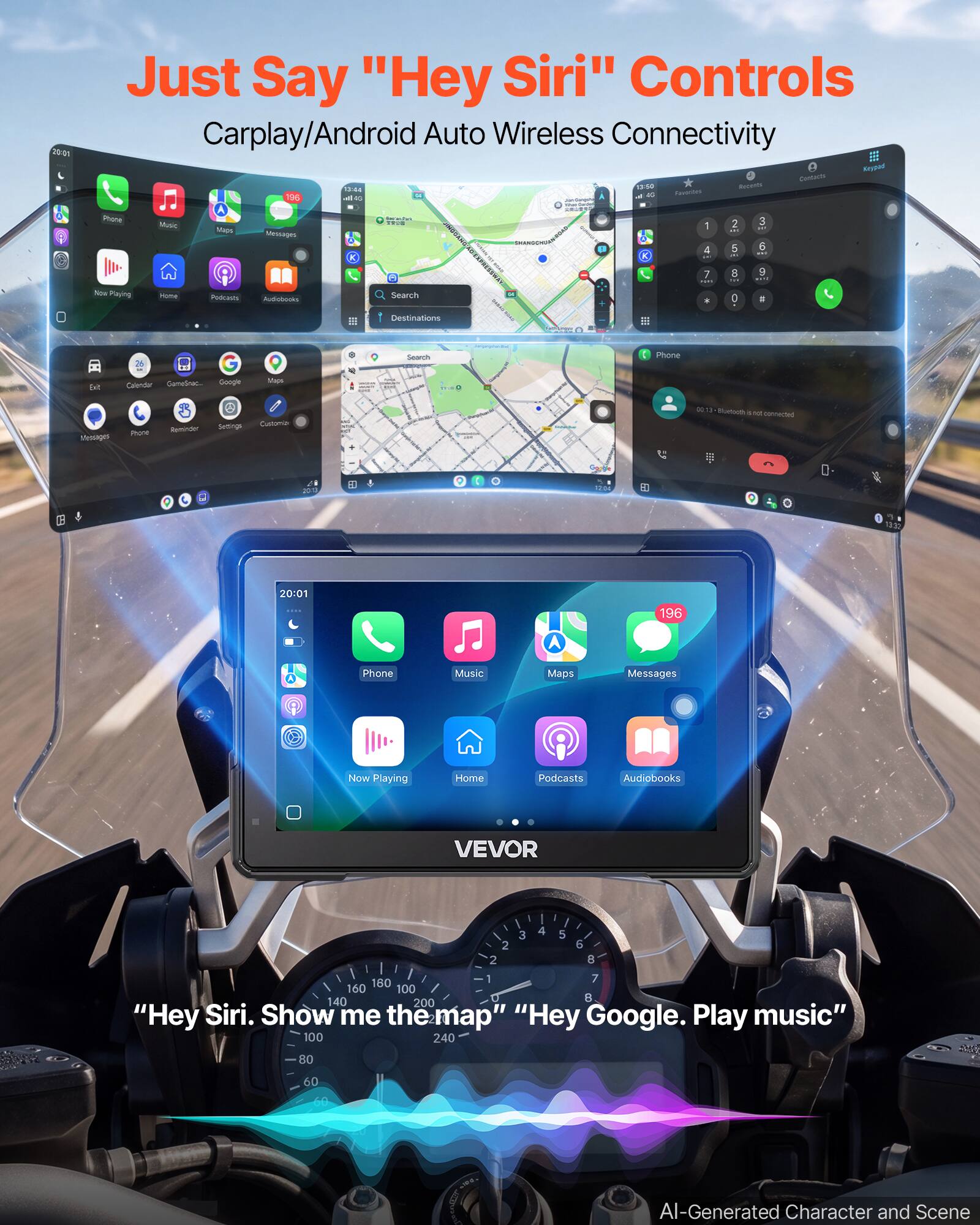 20-01  
Just Say "Hey Siri" Controls Carplay/Android Auto Wireless Connectivity  
Keypad Contacts 13:44 13-50 Resvings 25 Favoritva 36 as  
Phone  
Music  
tataps  
Messages  
COMIC - MADE TECO  
1 4  
2 -- 5 .  
3 818 6  
7  
8  
9  
New Playing  
Home  
Pudcarats  
Audiobooks  
Search  
*  
D  
#  
HIS  
Destinations  
26  
Search  
Phone  
Exit  
Calendier Comefriec... Google  

Messages  
Phone  
Raminder  
Settings  
Customia  
Bluetooth not connected  
20/0  
dos  
20:01  
196  
Phone  
Music  
Maps  
Messages  
Now Playing  
Home  
Podcasts  
Audiobooks  
VEVOR  
3 4 5 2 6 2 8 1 7 180 160 100 140 B 200  
"Hey Siri. Show me the map"  
"Hey Google. Play music"  

AI-