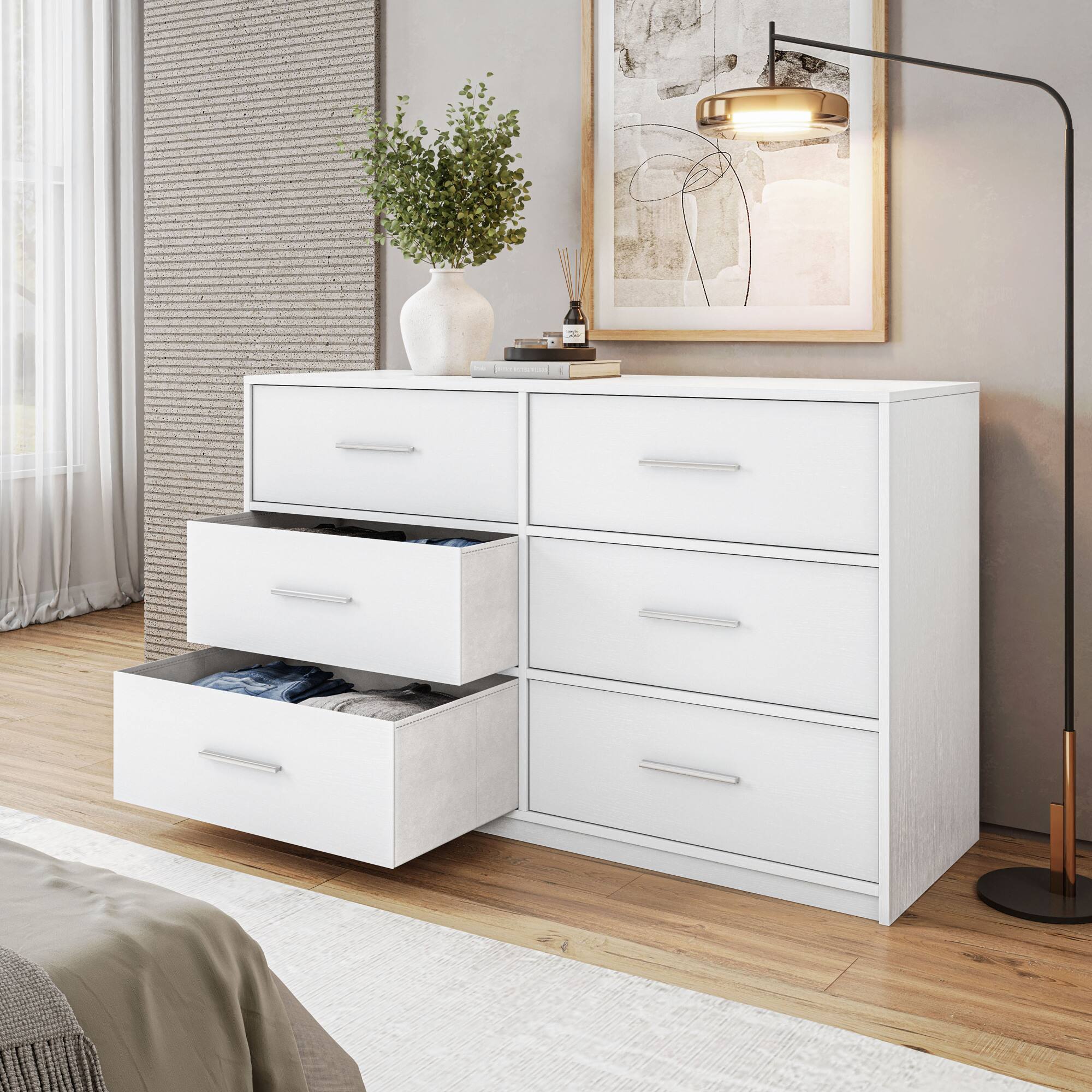 Front. GOODSILO - Modern 6-Drawer Fabric Dresser with Water-Resistant Wood Top for Bedroom Storage - White.