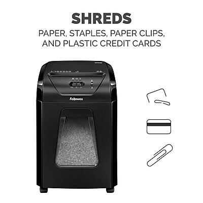 SHREDS  
PAPER, STAPLES, PAPER CLIPS, AND PLASTIC CREDIT CARDS  

Fellowes
