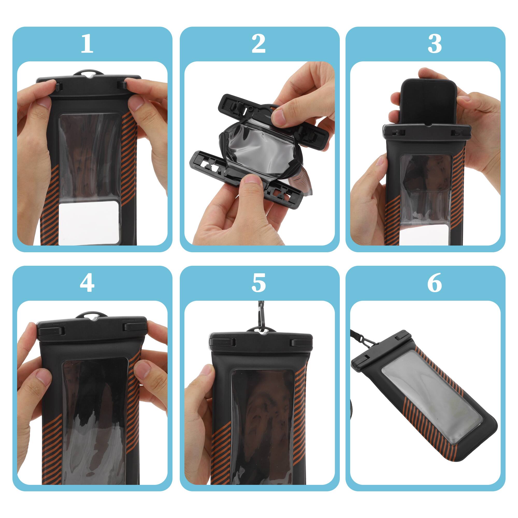 Alt View 4. Unique Bargains - 2pcs Half Stripe Mobile Waterproof Bag Universal Waterproof Case Compatible for Phone 4.53"x8.27" - Black Orange.