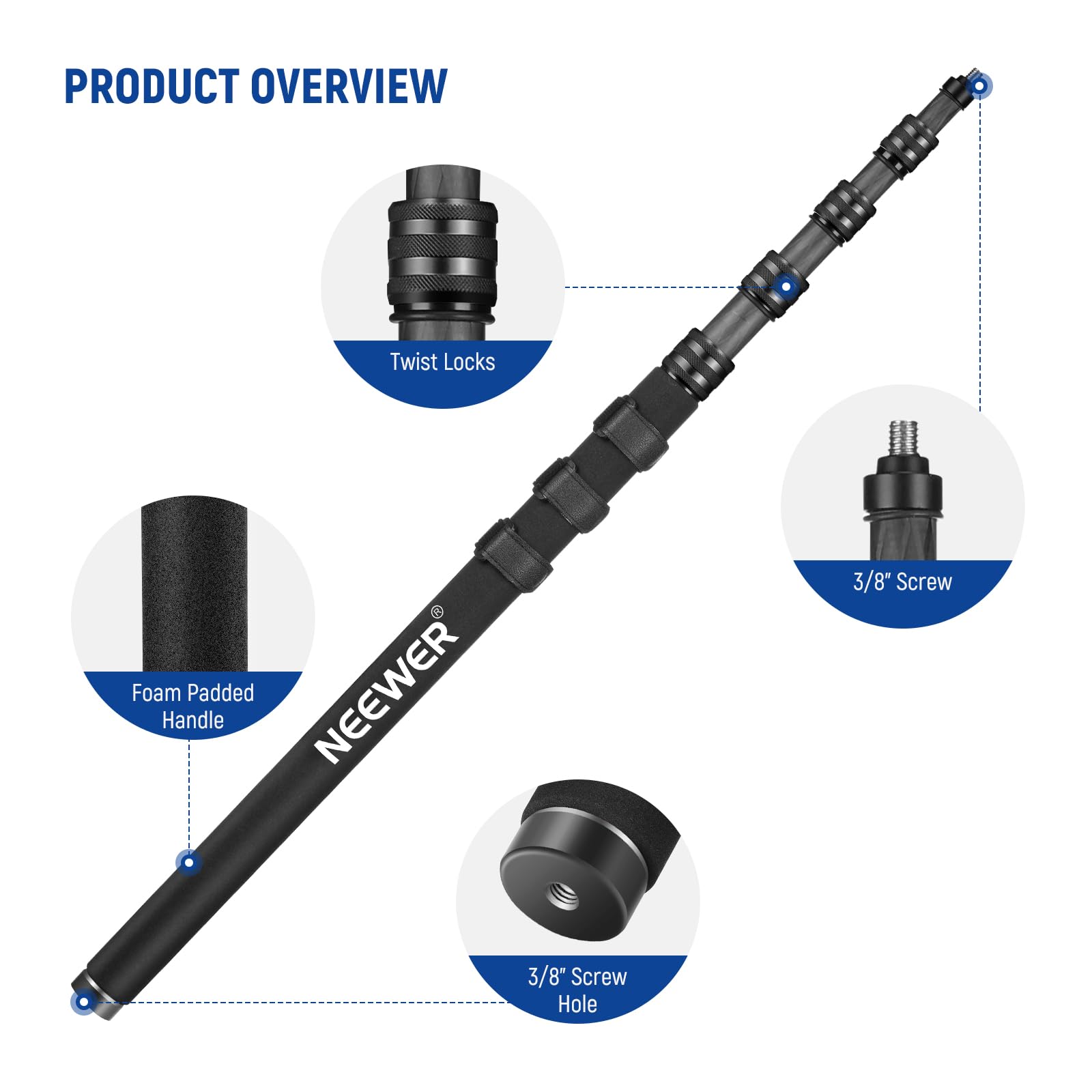 PRODUCT OVERVIEW

- Twist Locks
- Foam Padded Handle
- 3/8" Screw
- 3/8" Screw Hole