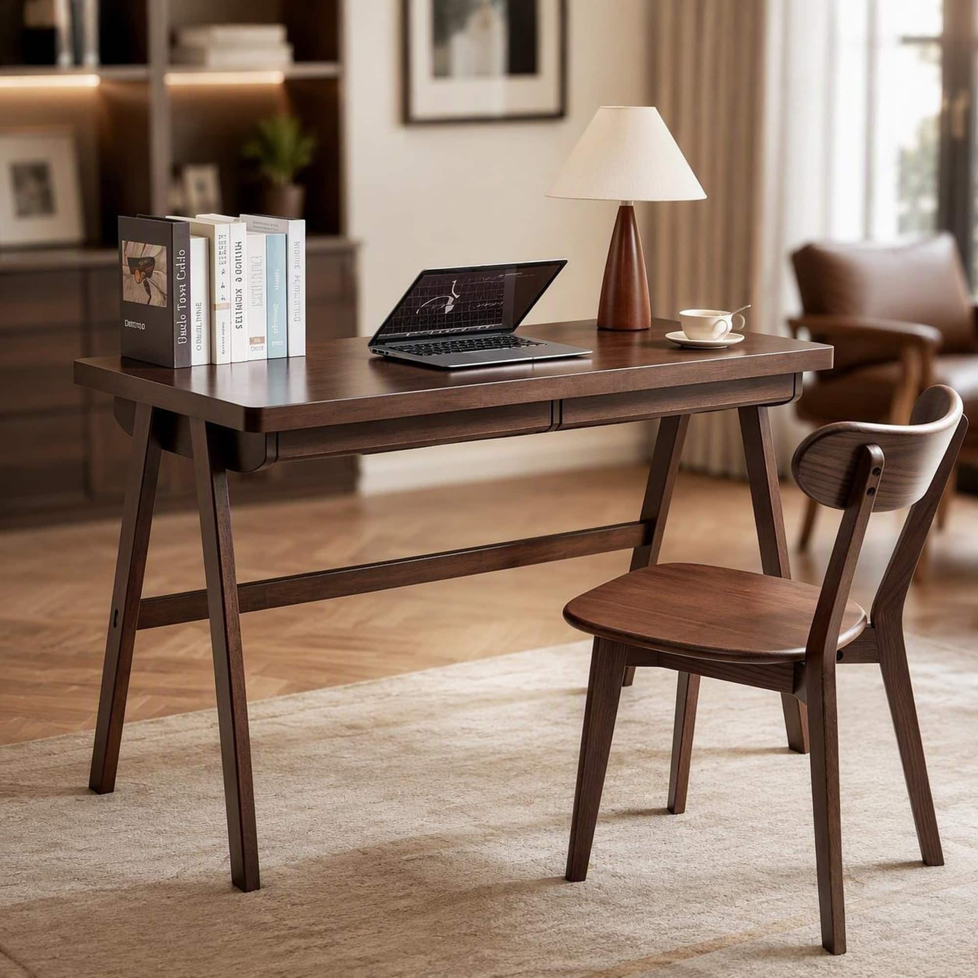 RYHNUYNE - Solid Rubber Wood Computer Desk, Retro Writing Desk with Drawer, 47.24 x 21.65 Inches, Extra Thick A-Frame Study - Walnut