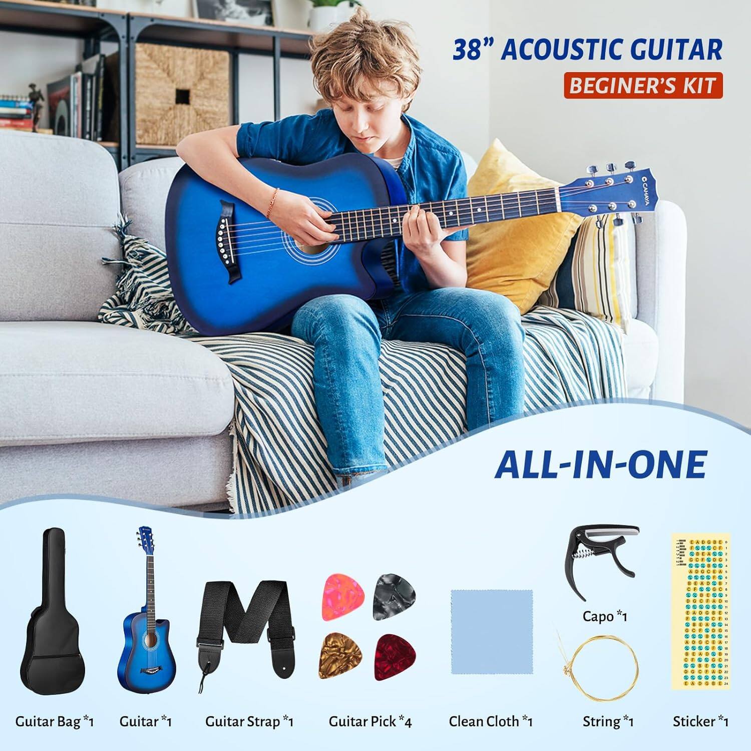 38" ACOUSTIC GUITAR BEGINNER'S KIT

ALL-IN-ONE

- Guitar Bag *1
- Guitar *1
- Guitar Strap *1
- Guitar Pick *4
- Clean Cloth *1
- Capo *1
- String *1
- Sticker *1