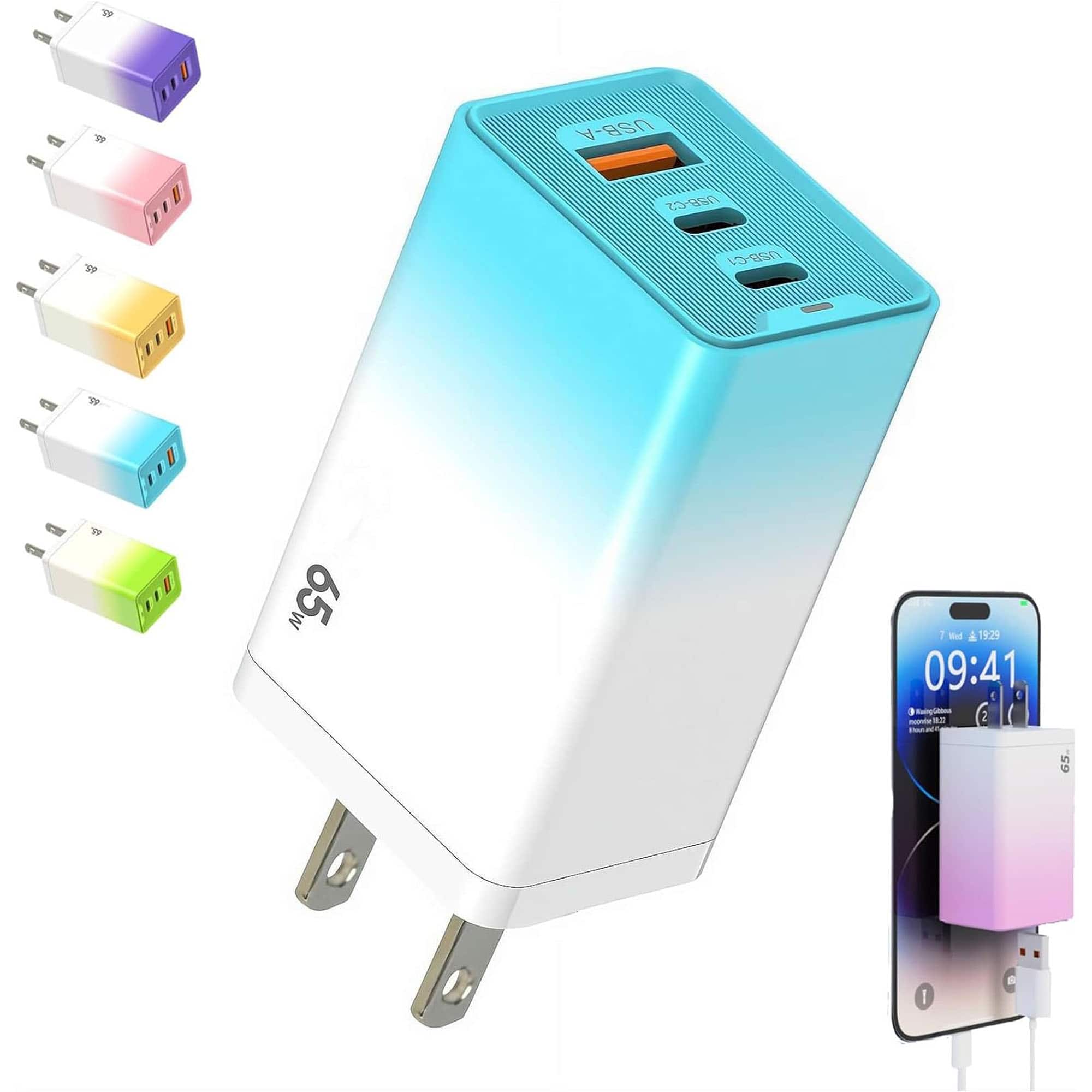 YONWAY - 65W 3 Port Gradient Charger, USB 2PD Type C Fast Charging Wall Charger, US Plug for iPhone and Android