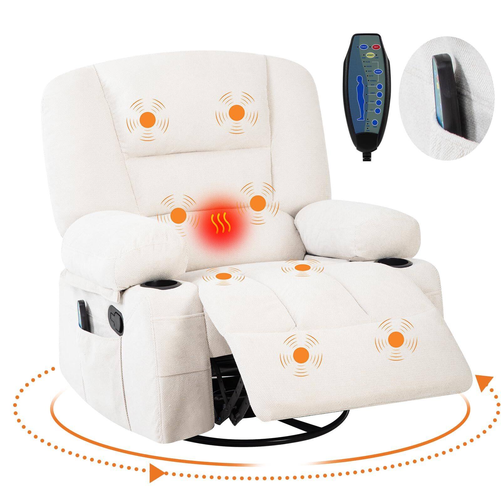 Alt View 7. Acekool - Rocking Recliner Chair, Massage Recliner Chair with Vibration Massage and Heat,360° Swivel Oversized - Beige.