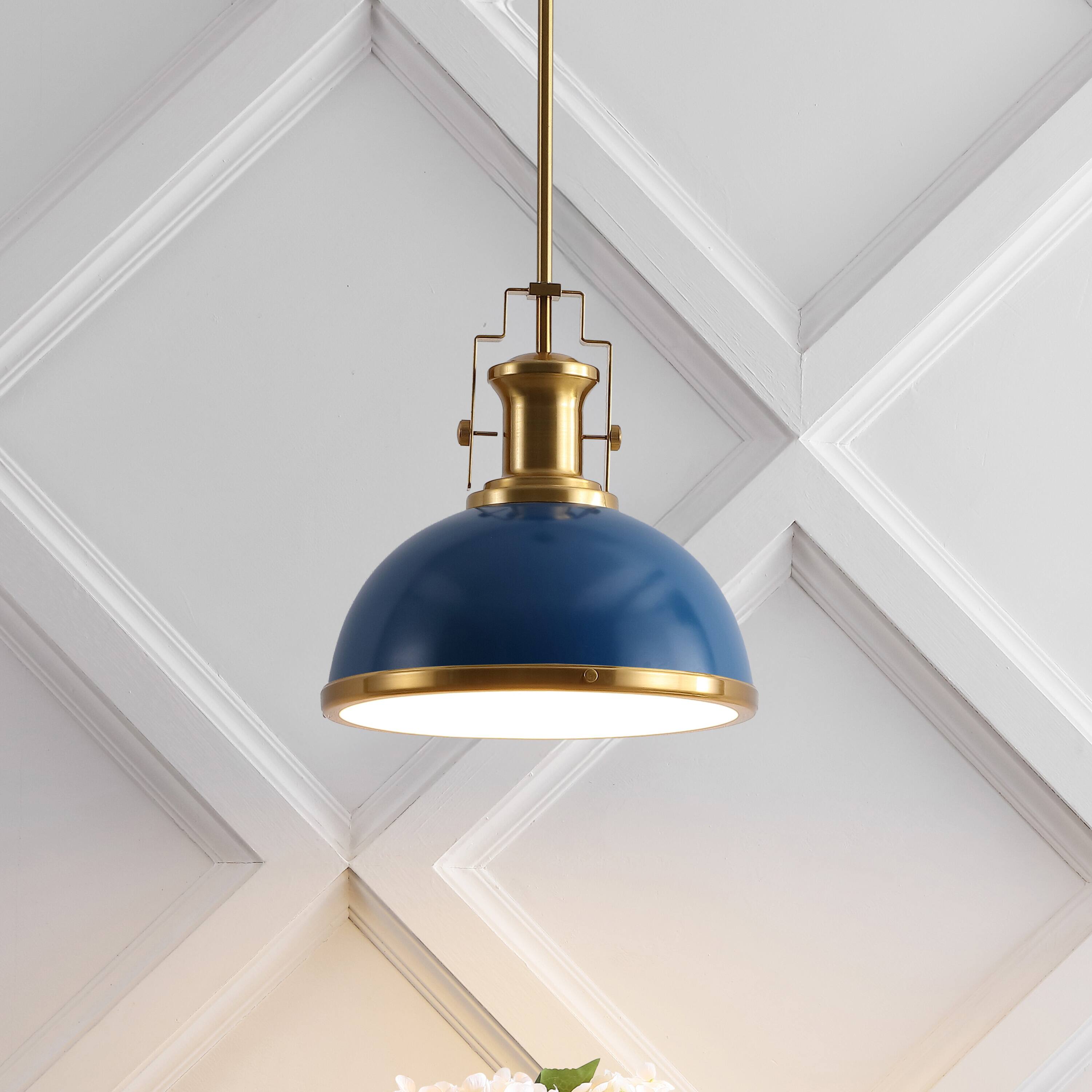 Alt View 1. Jonathan Y - Homer 13" 1-Light Modern Industrial Metal LED Dome Pendant, Navy/Brass Gold - Navy/Brass Gold.