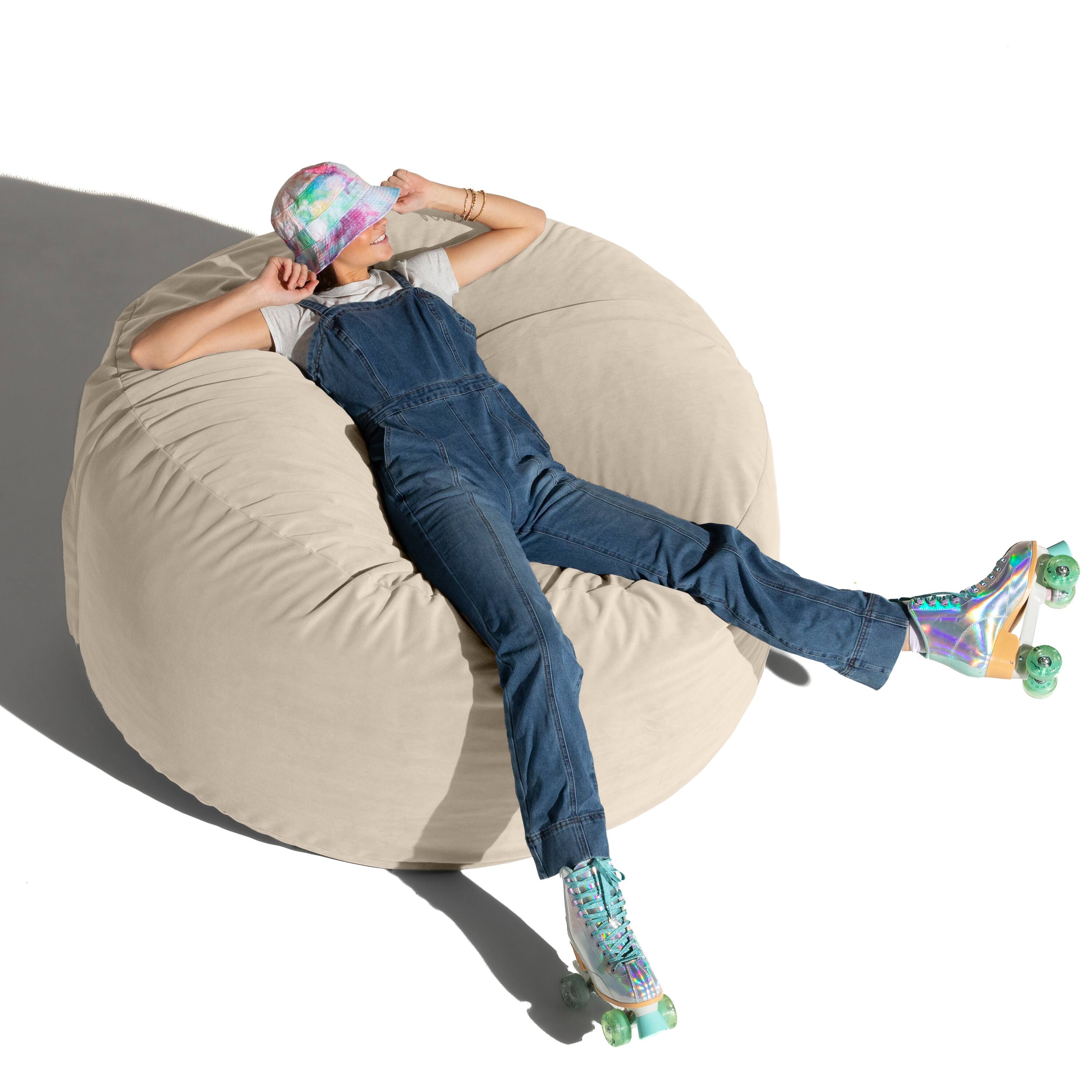 Left. Jaxx - Jaxx 5 Foot Saxx - Large Round Bean Bag Chair for Adults - Lush Velvet Ivory - Lush Velvet Ivory.