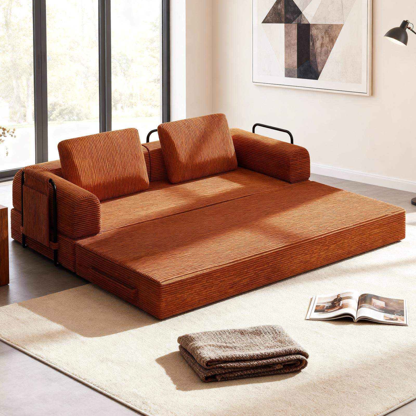 Angle. Roomtec - 78 Inch Convertible Sleeper Sofa Bed Futon Boneless Couch Lounge Loveseat with Pull Out Bed No Assembly Required - Orange.
