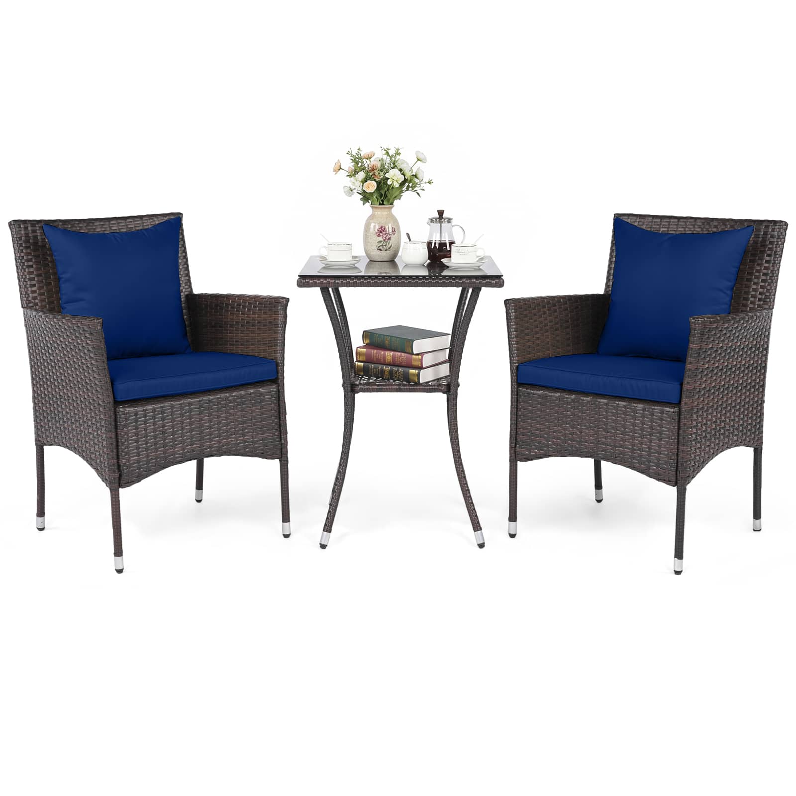 Costway - 3PCS Patio Wicker Bistro Set, 2 Rattan Chairs with Double-Tier Tempered Glass Table - Mix Brown + Blue price history on PriceWatchPro