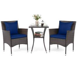 Costway - 3PCS Patio Wicker Bistro Set, 2 Rattan Chairs with Double-Tier Tempered Glass Table - Mix Brown + Blue