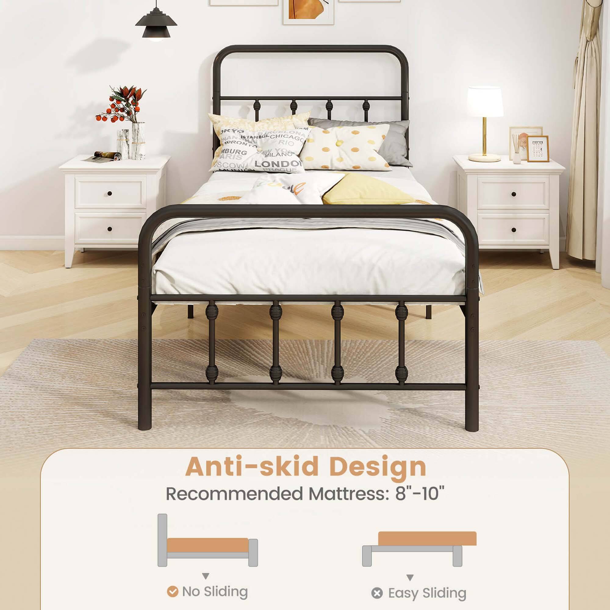 The text on the image reads: "Anti-skid Design Recommended Mattress: 8"-10" No Sliding x Easy Sliding."
