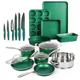 Granitestone - Diamond Emerald Nonstick Pots and Pans 21 Piece Kitchen Cookware Bakeware Knife Set - Green