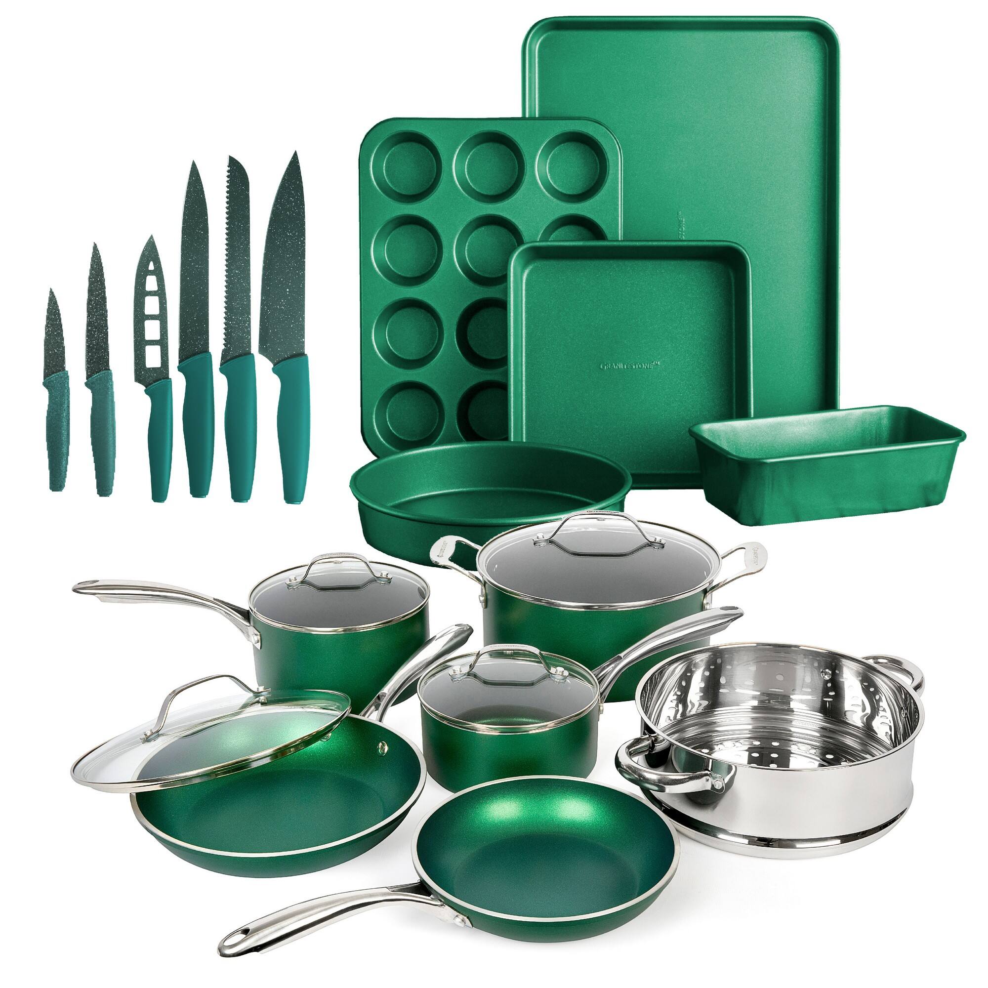 Front. Granitestone - Granitestone Diamond Emerald Nonstick Pots and Pans 21 Piece Kitchen Cookware Bakeware Knife Set - Green.