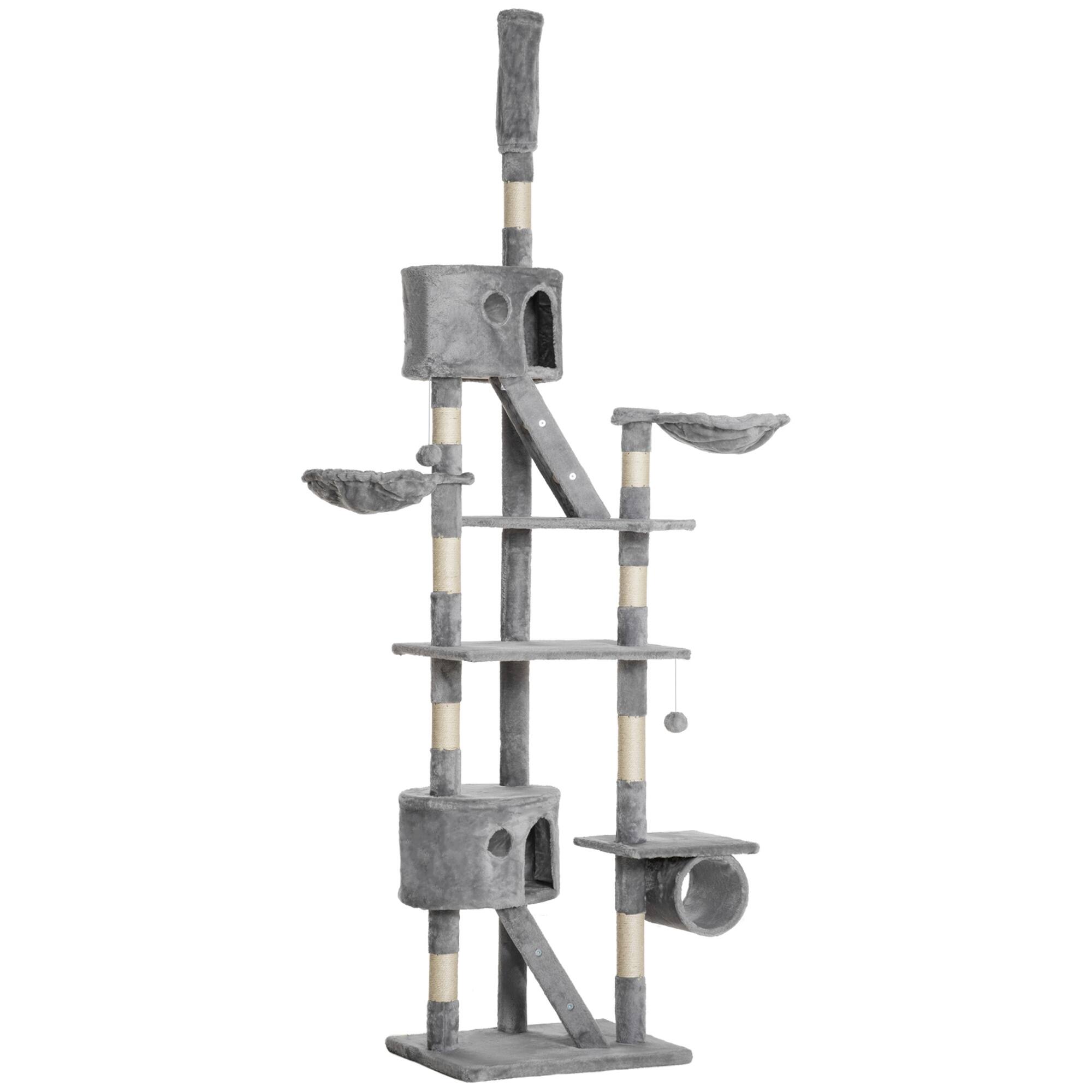 Alt View 5. Siljoy - Height Adjustable Floor-to-Ceiling Cat Tree, 94.5-102.4" Tension Rod Tower with Tube, Condos & Dual Hammocks.
