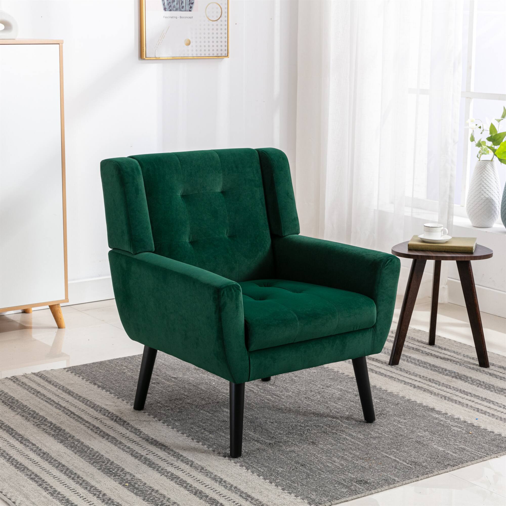 Left. GOODSILO - Luxury Velvet Upholstered Accent Chair with Ergonomic Design for Living Room and Bedroom Comfort - Retro Green.