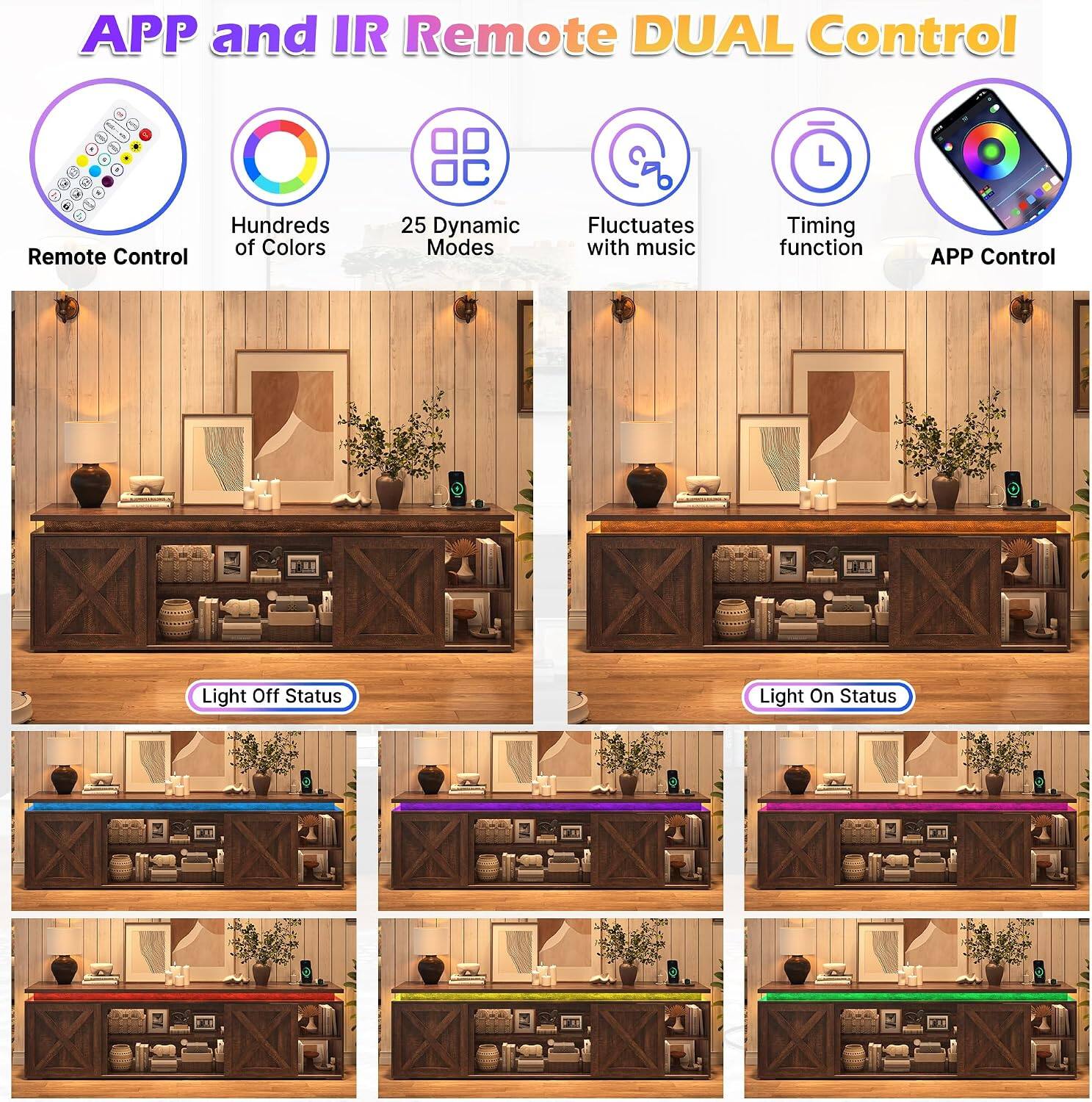 APP and IR Remote DUAL Control

- Remote Control
- Hundreds of Colors
- 25 Dynamic Modes
- Fluctuates with music
- Timing function
- APP Control

Light Off Status

Light On Status