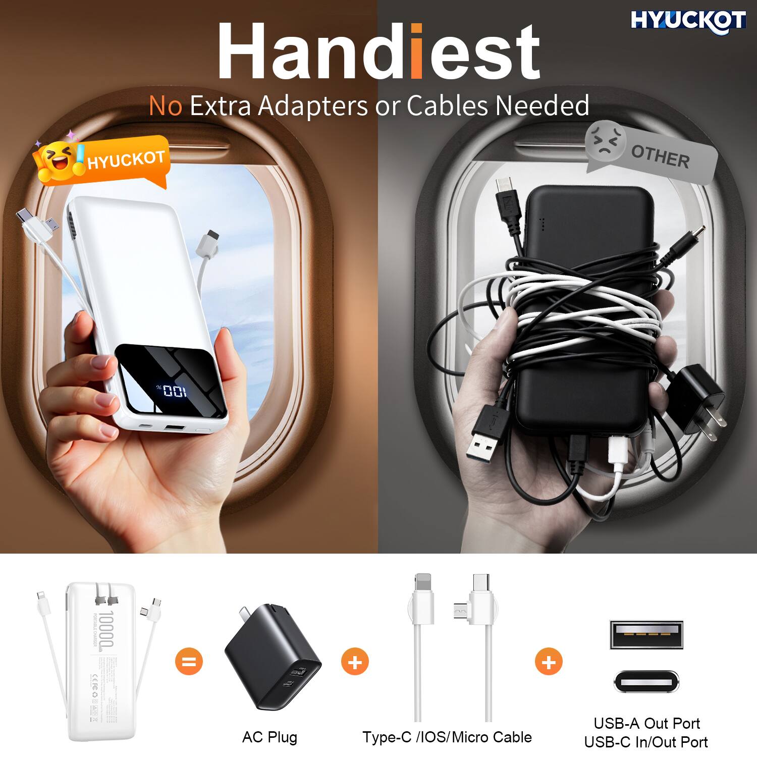 HYUCKOT Handiest No Extra Adapters or Cables Needed

HYUCKOT
Handiest
No Extra Adapters or Cables Needed

10000 mAh

AC Plug
Type-C / iOS / Micro Cable
USB-A Out Port
USB-C In/Out Port