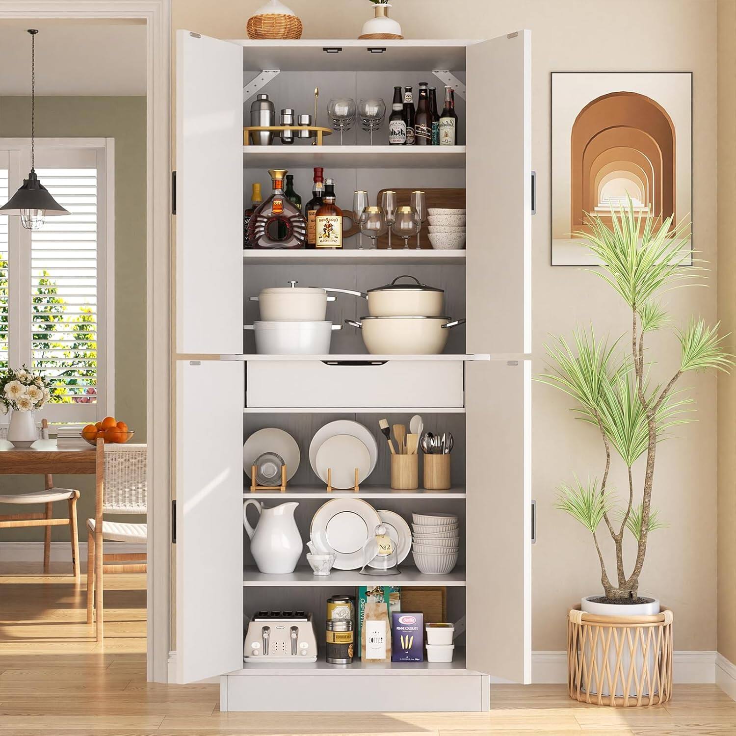 Alt View 6. Aheaplus - 71'' Tall Farmhouse Pantry Storage Cabinet with 4 Barn Doors and Drawer, Cupboard with Adjustable Shelves - White.