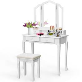 Costway - Tri Folding Vanity Makeup Table Stool Home Desk - White