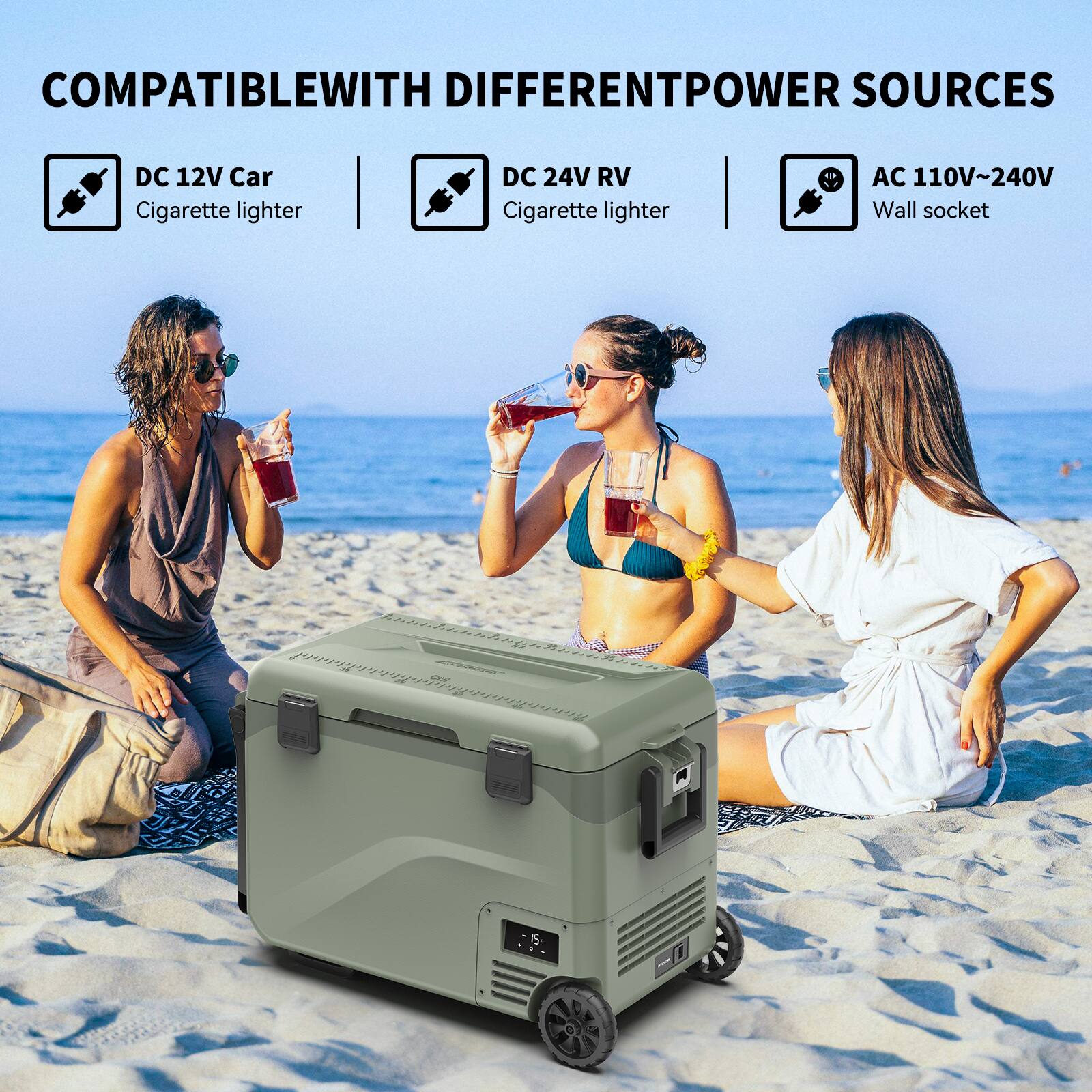 COMPATIBLE WITH DIFFERENT POWER SOURCES

- DC 12V Car Cigarette lighter
- DC 24V RV Cigarette lighter
- AC 110V~240V Wall socket