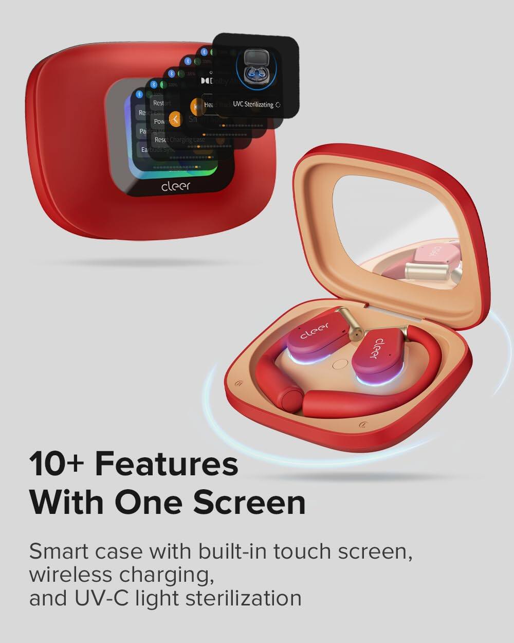 10+ Features With One Screen

Smart case with built-in touch screen, wireless charging, and UV-C light sterilization