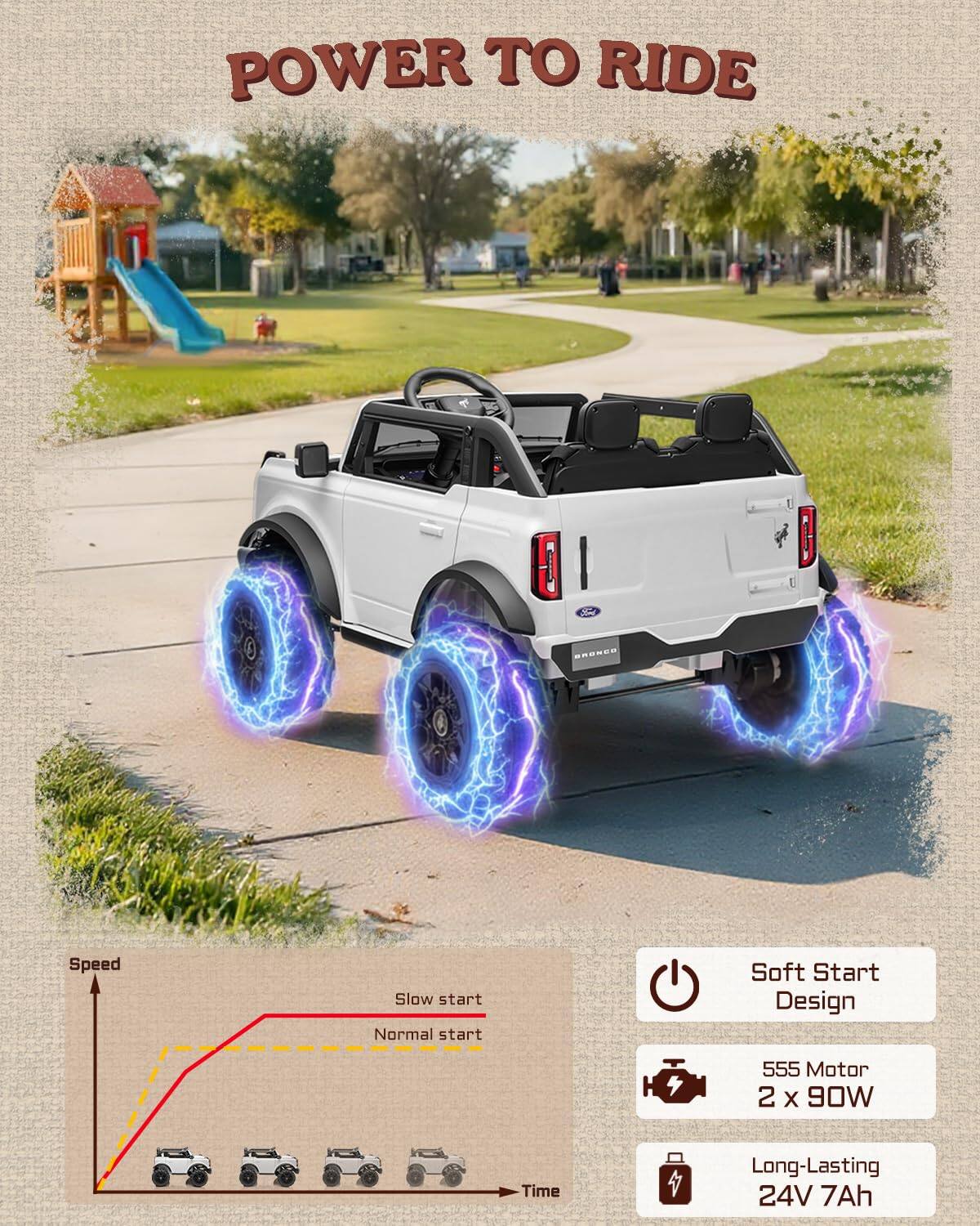 POWER TO RIDE

Speed: Slow start, Normal start

Soft Start Design

555 Motor 2 x 90W

Long-Lasting 24V 7Ah