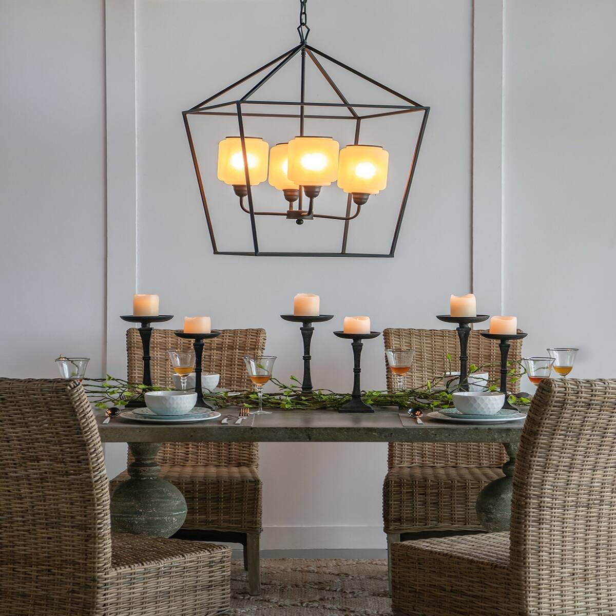Alt View 4. Loheer - Loheer Black Iron Chandelier with Opaque Glass, Industrial Hanging Light Fixture for Dining Room and Entryway.
