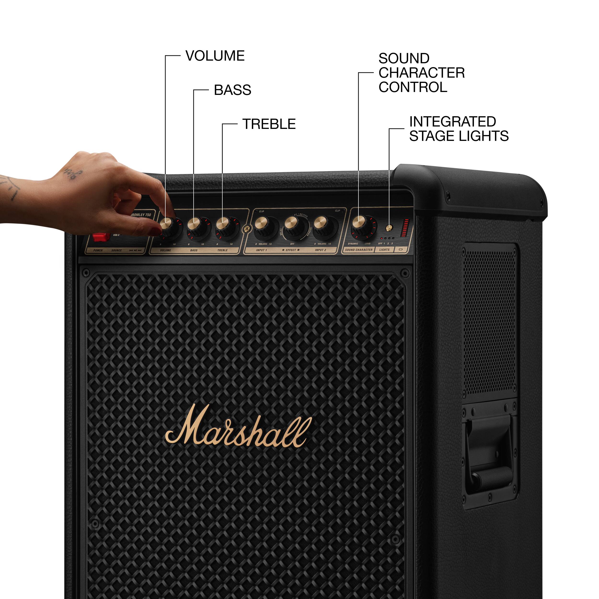 - VOLUME
- BASS
- TREBLE
- SOUND CHARACTER CONTROL
- INTEGRATED STAGE LIGHTS

Marshall