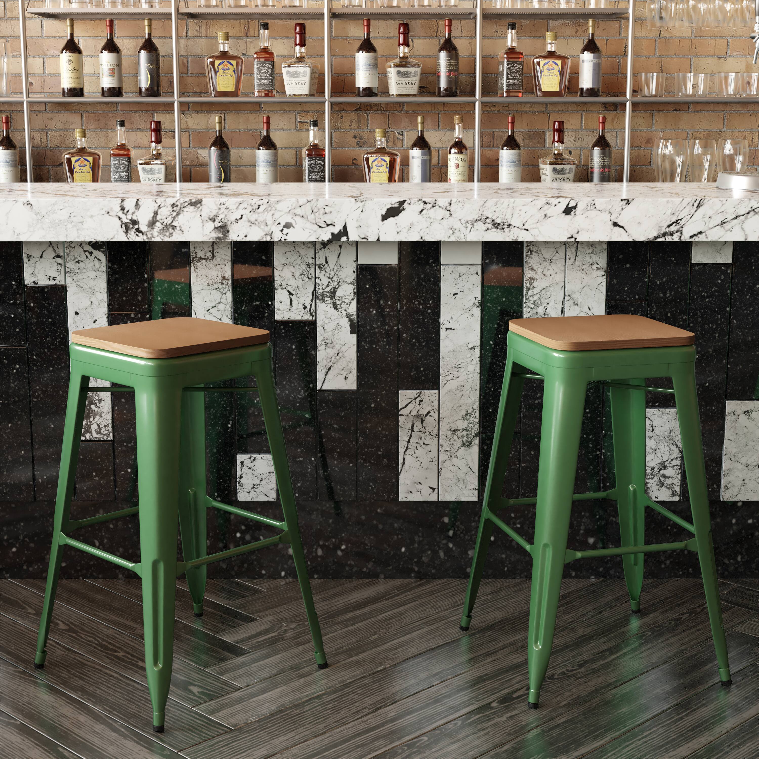 Alt View 3. Emma + Oliver - Kam Backless Metal Indoor-Outdoor Stool with All-Weather Polystyrene Seat - Teak Seat/Green Frame.