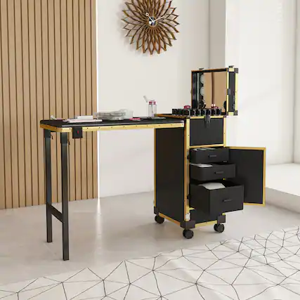 Front. GOODSILO - Professional Folding Nail Art Table with LED Mirror Bluetooth Speaker Lockable Drawers Telescopic Pole Salon Station - Black+Gold.