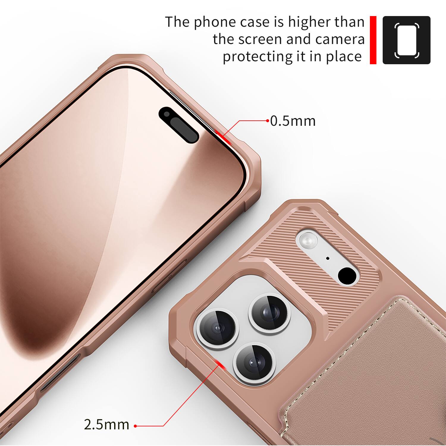 The phone case is higher than the screen and camera protecting it in place.  
0.5mm  
2.5mm