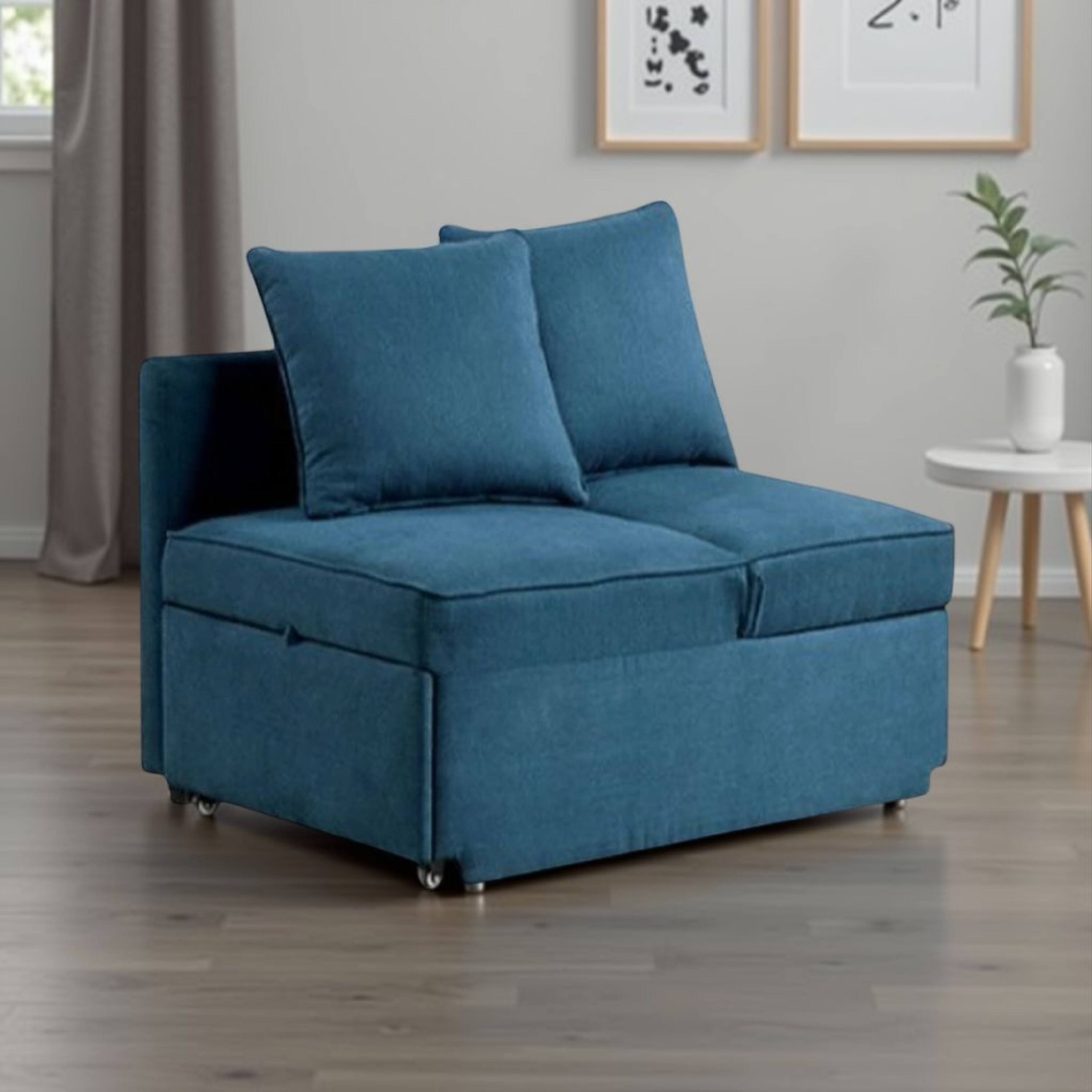 Alt View 5. Manhattan Lane - Bernie Modular Convertible Chair Futon, Teal Blue Fabric, Seat w Storage, 2 Pillows - Teal Blue, Black.