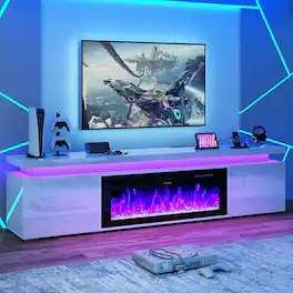 Espafurni - 83inch Modern High Gloss Fireplace TV Stand with Power Outlet Storage for up to 95" TVs - White