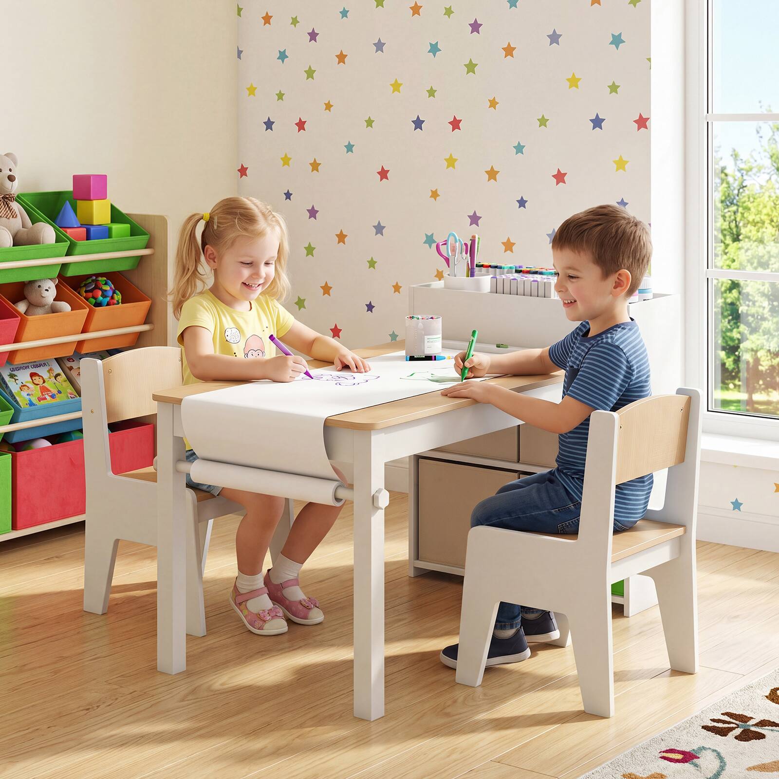 Alt View 1. Costway - Costway Kids Art Table & Chairs Set with Paper Roll Wooden Craft Study Desk Active Play Natural - Natural.