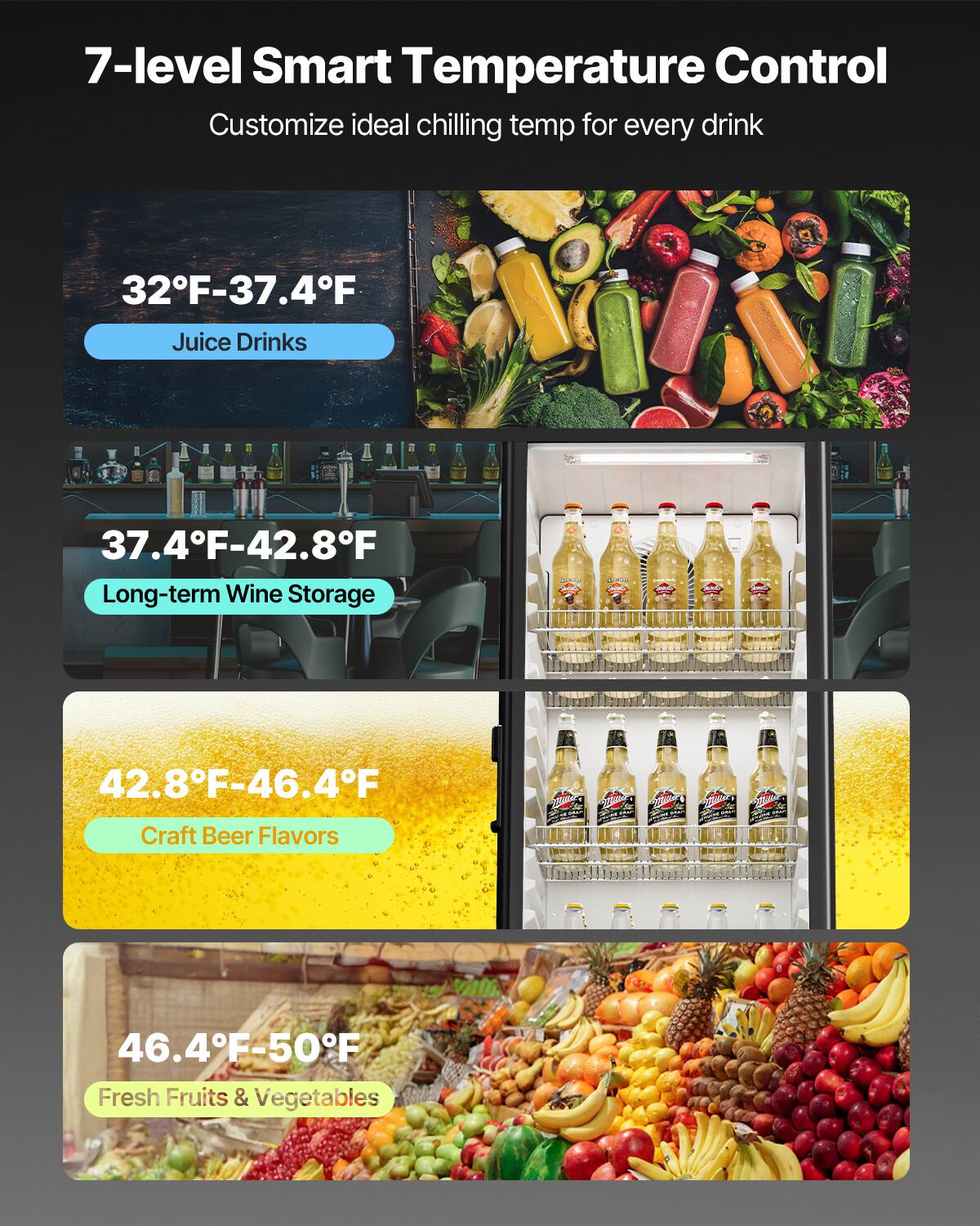 7-level Smart Temperature Control
Customize ideal chilling temp for every drink
32F-37.4F Juice Drinks
37.4F-42.8F Long-term Wine Storage
42.8F-46.4F Craft Beer Flavors
46.4F-50F Fresh Fruits & Vegetables