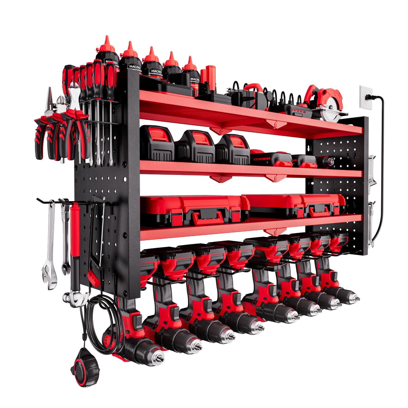 VEVOR - Power Tool Organizer with Charging Station, 4-Layer Drill Storage Rack with 8 Drill Holders & Side Pegboard, Garage Tool - Red