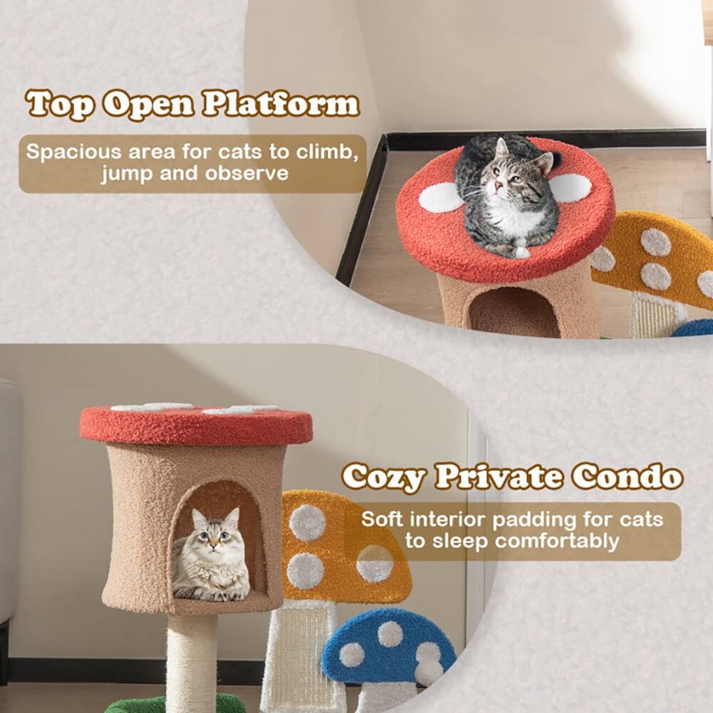Top Open Platform  
Spacious area for cats to climb, jump and observe  

Cozy Private Condo  
Soft interior padding for cats to sleep comfortably