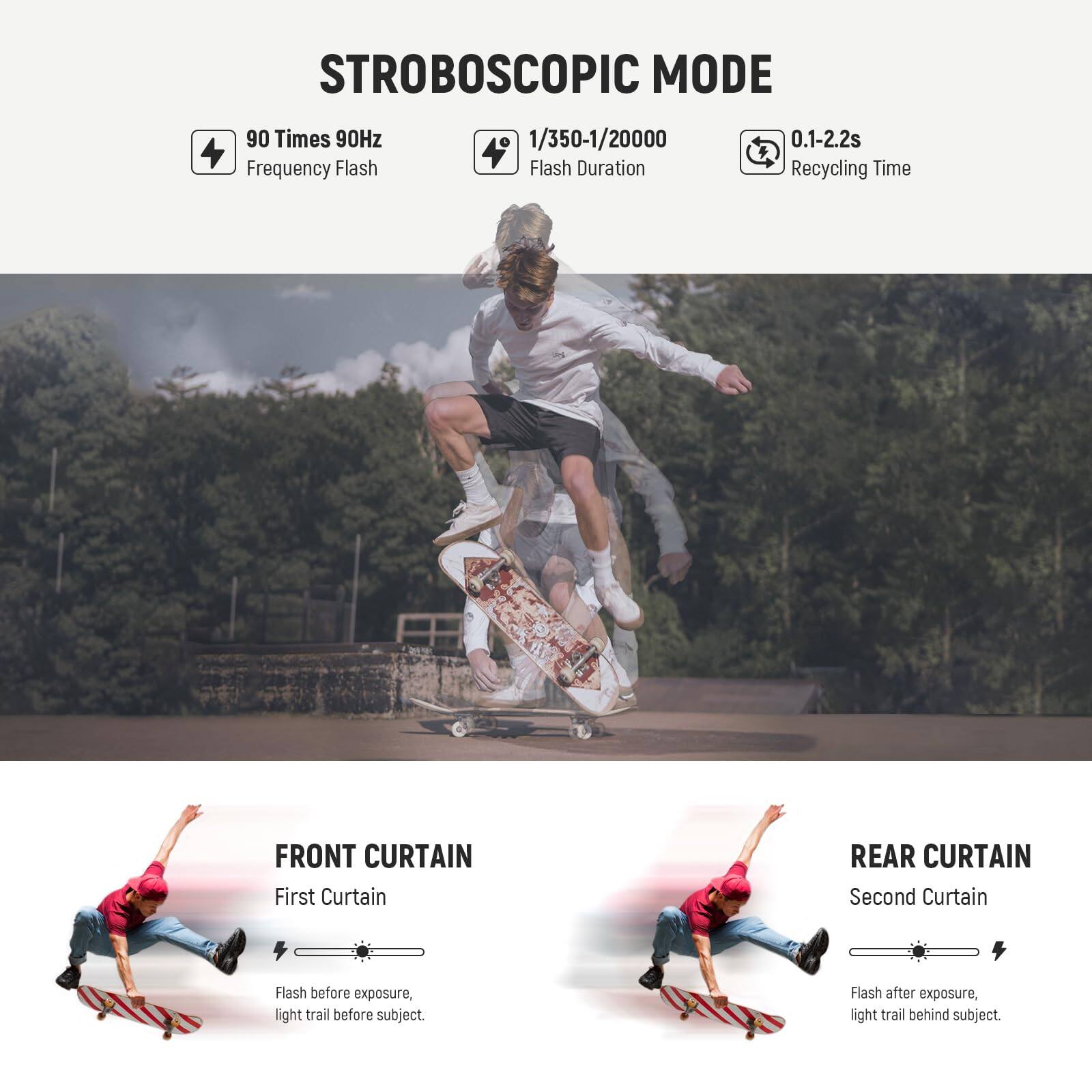 STROBOSCOPIC MODE  
90 Times 90Hz Frequency Flash  
1/350-1/20000 Flash Duration  
0.1-2.2s Recycling Time  

FRONT CURTAIN  
First Curtain  
Flash before exposure, light trail before subject.  

REAR CURTAIN  
Second Curtain  
Flash after exposure, light trail behind subject.